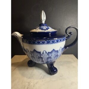 Bombay Company Blue White Footed Teapot Lid Cobalt Chinoiserie Leaf Design